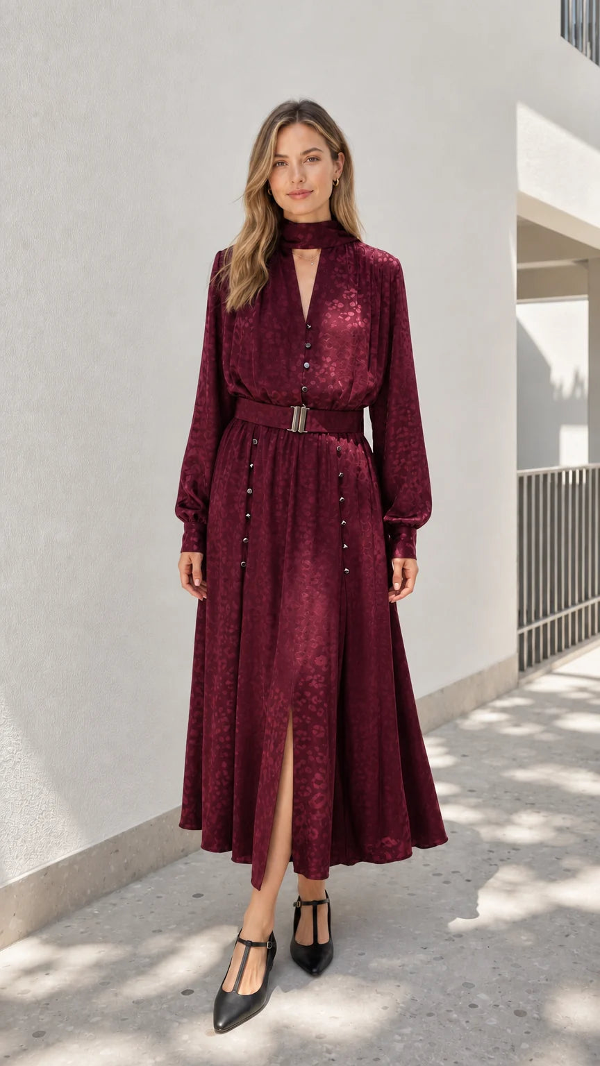 Model wearing burgundy mock neck midi dress