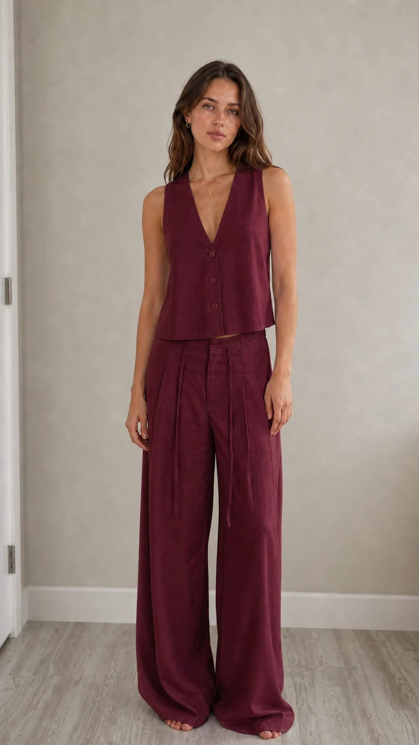 Full-length view of model in burgundy two-piece vest and pants set