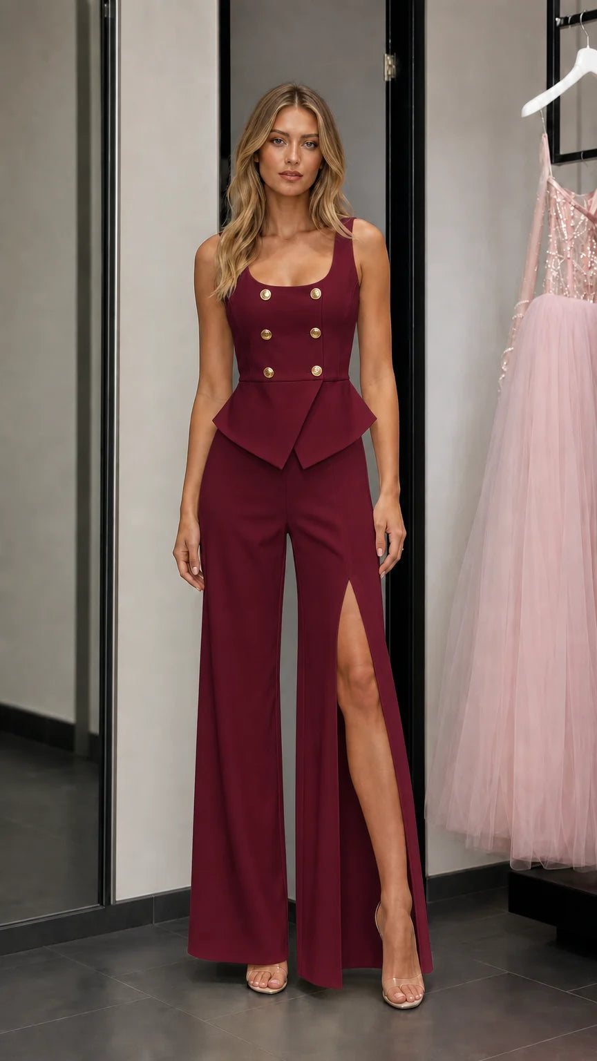 Front view of model wearing burgundy peplum vest and split pants set