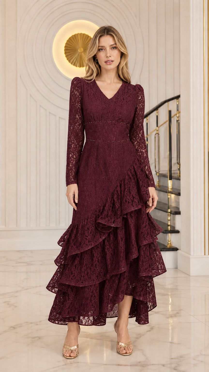 Model wearing the long sleeve tiered ruffle lace evening dress in burgundy