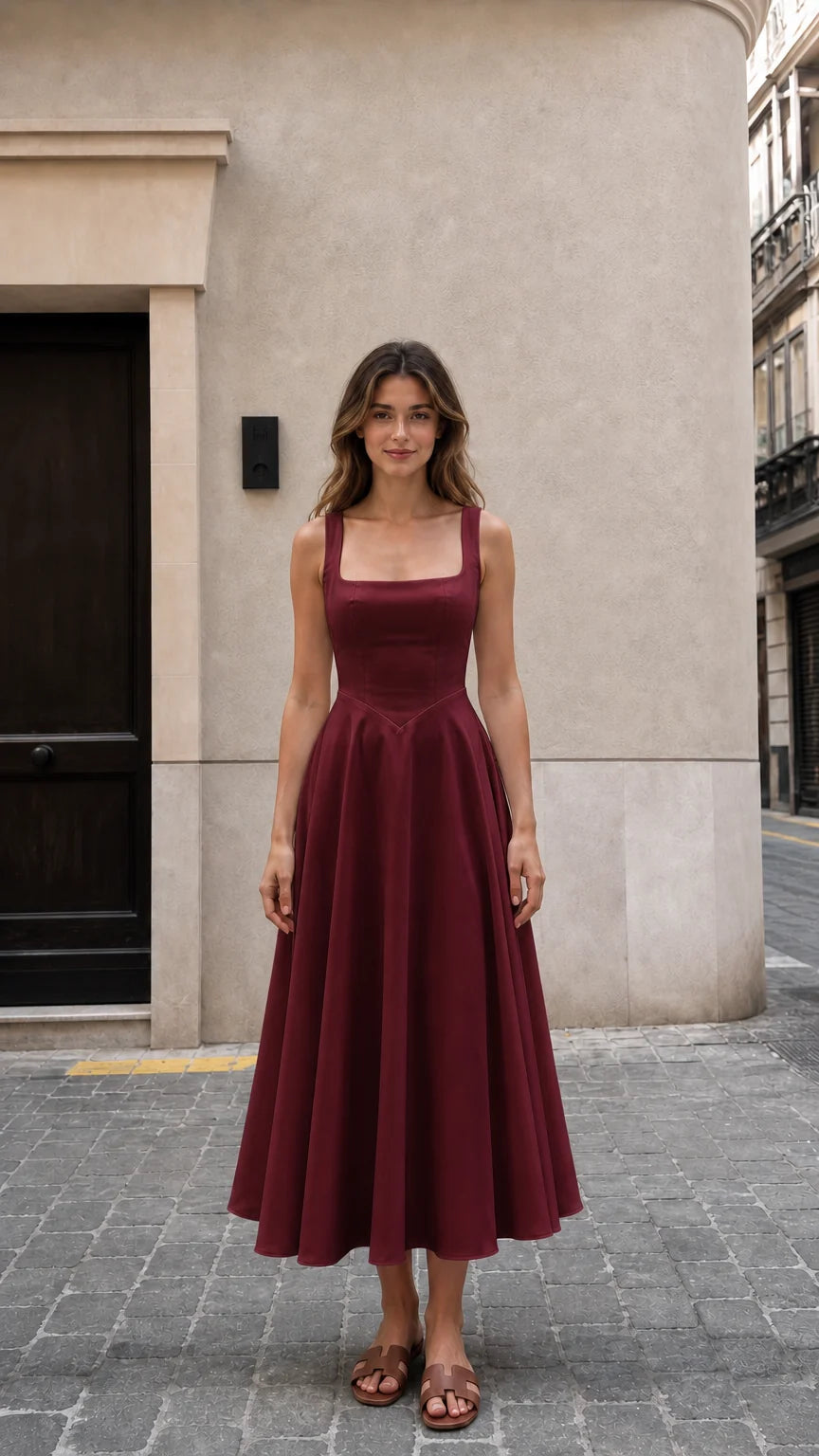 Front view of woman wearing burgundy square neck midi dress