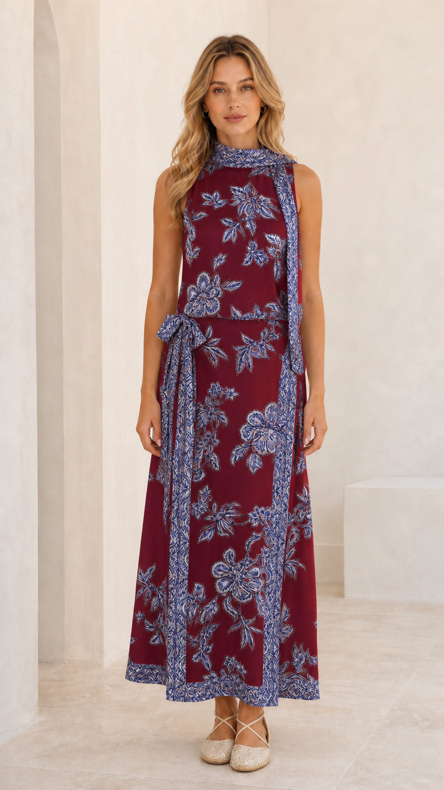 Front view of burgundy color variant with blue floral print