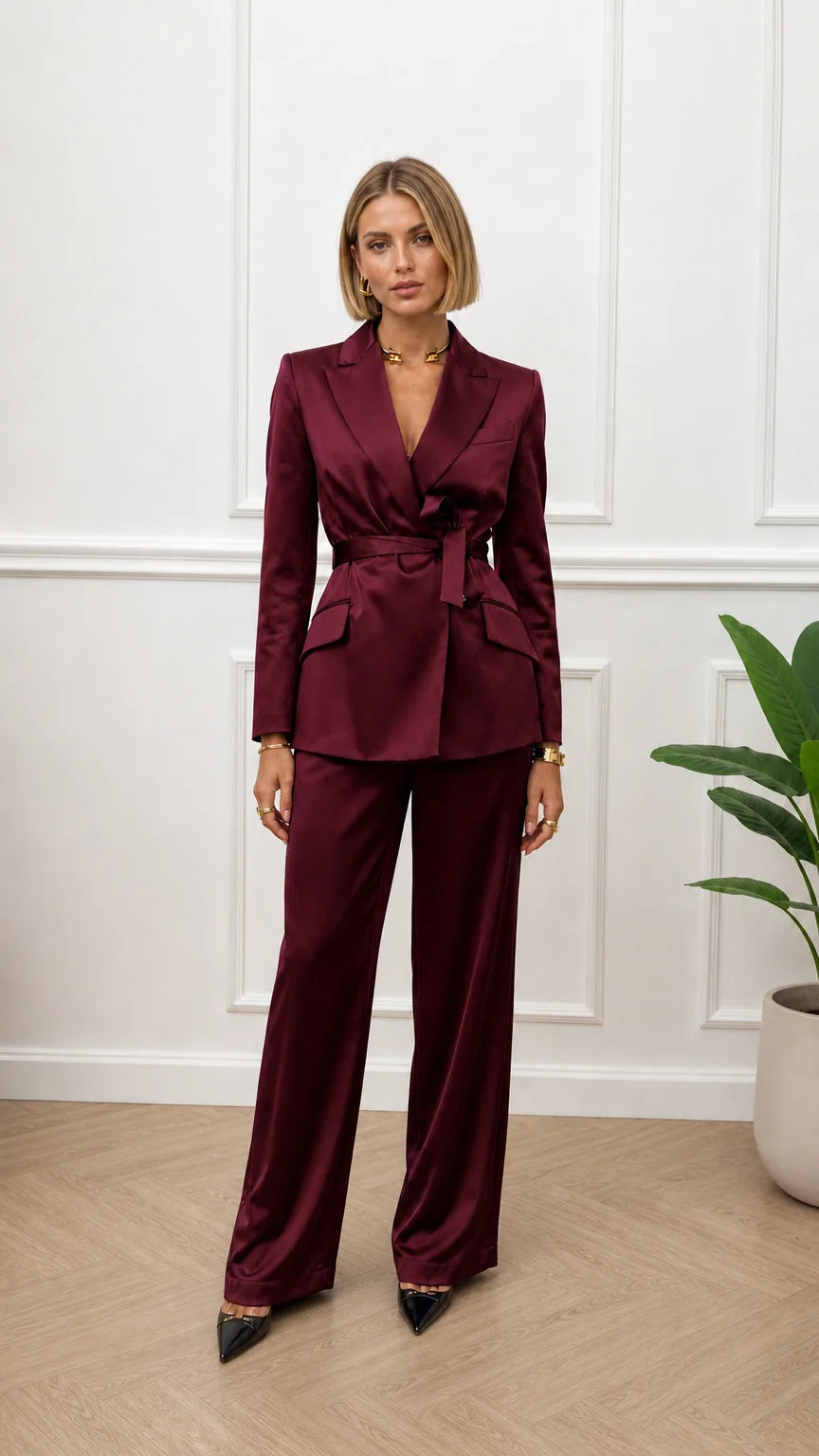 Woman wearing burgundy satin two-piece suit