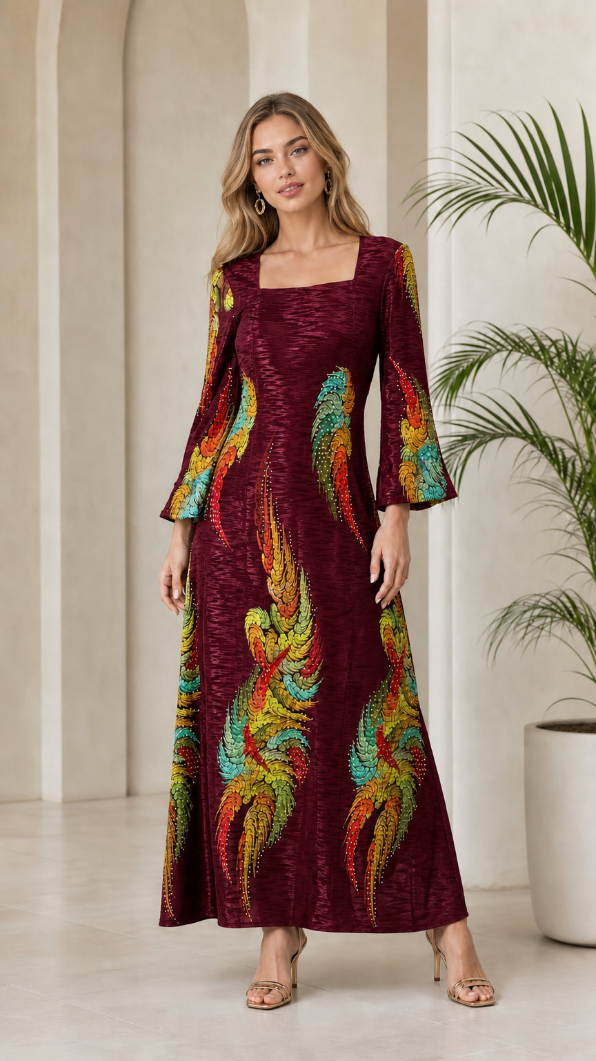 Front view of model wearing Burgundy wine red square neck printed maxi dress