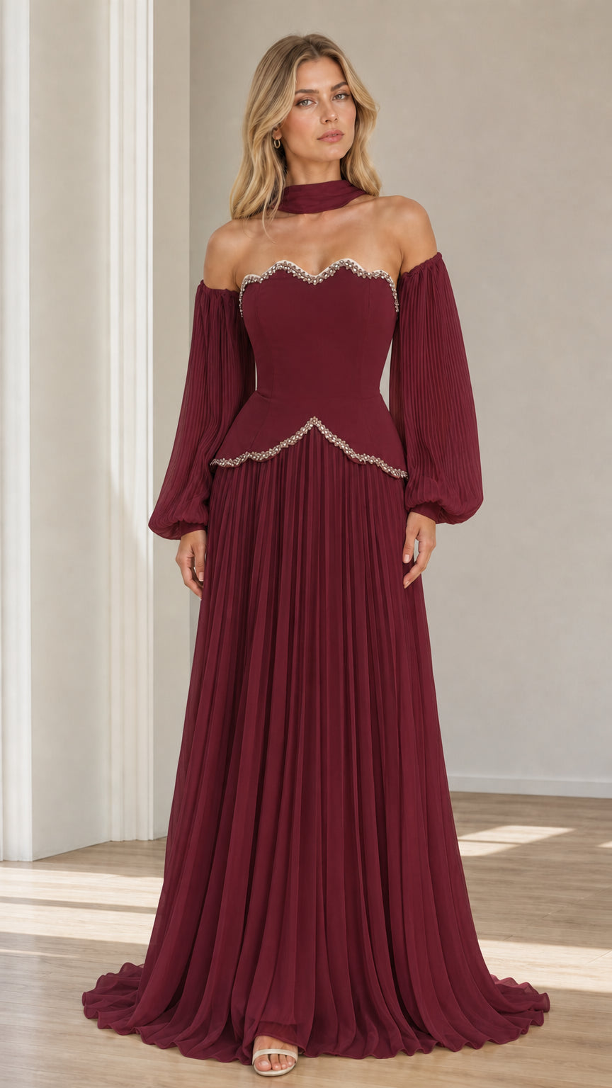 Front view of burgundy off-the-shoulder beaded scalloped pleated maxi evening gown