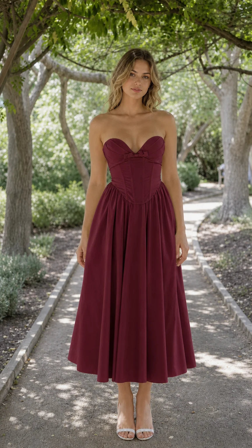 Front view of woman wearing burgundy strapless corset midi dress