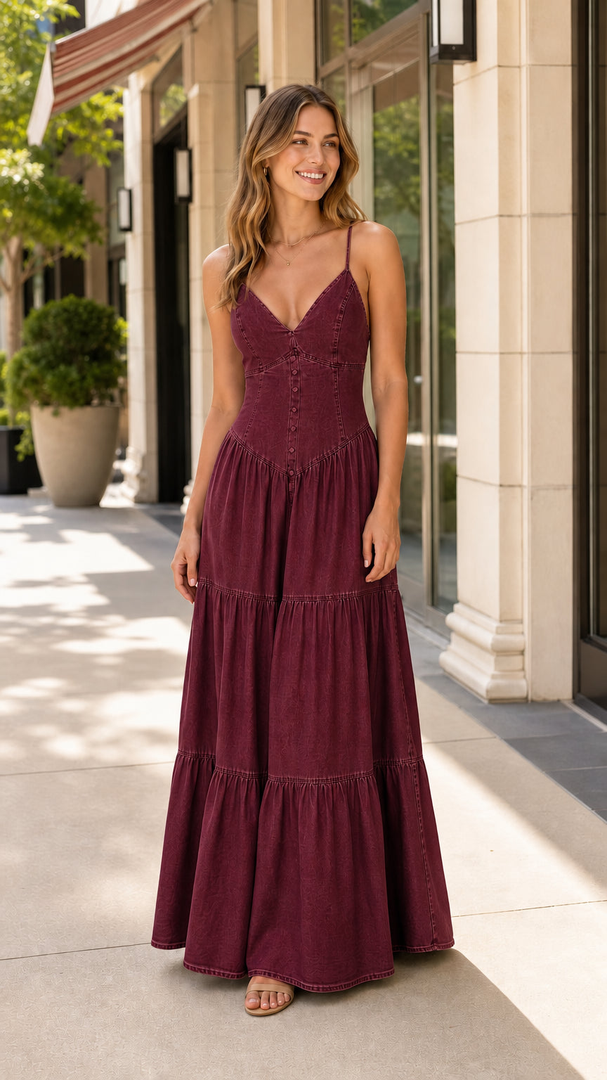 Full-length view of woman wearing Wine Red sleeveless tiered corset maxi dress