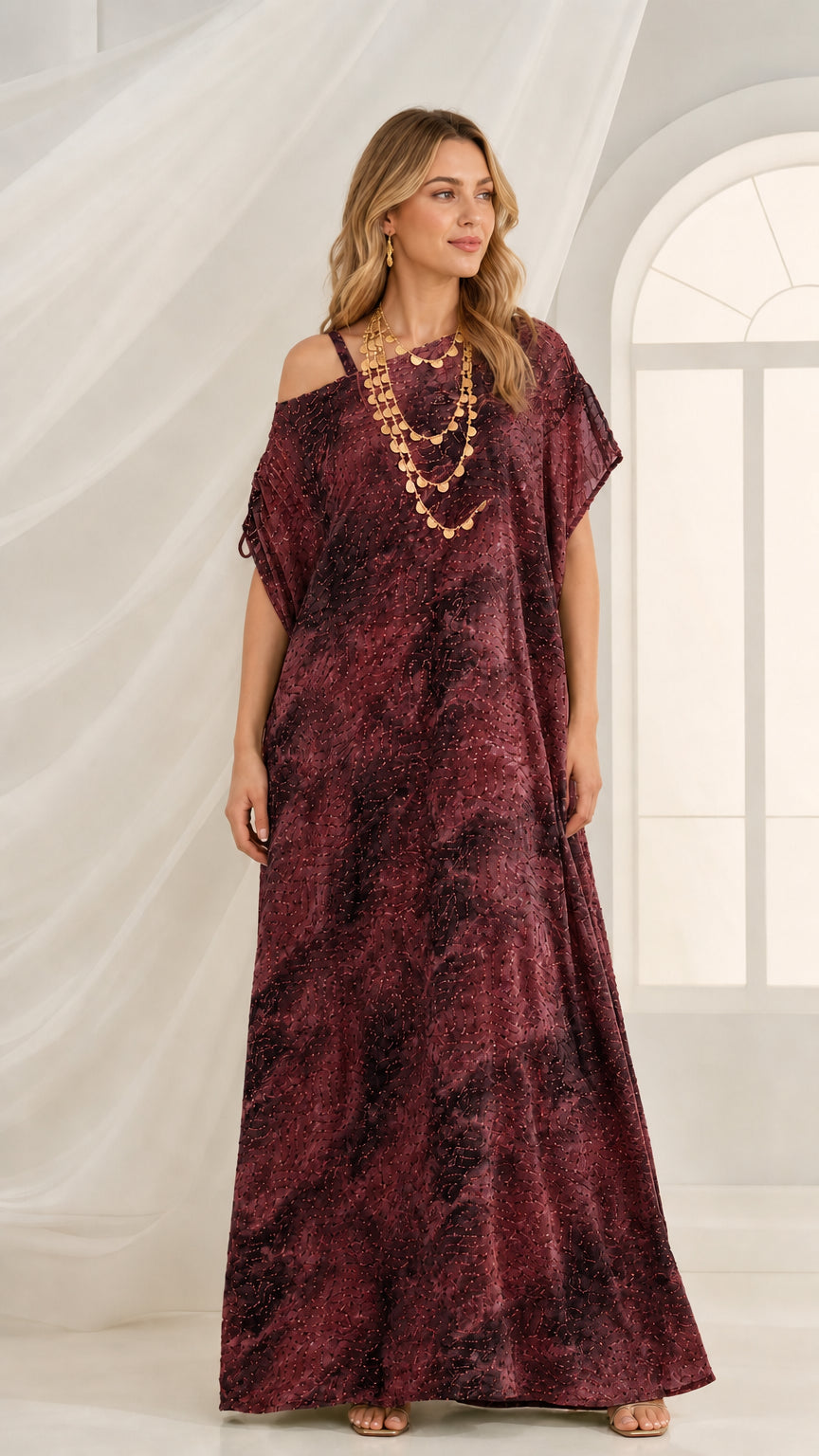 Burgundy wine print cold-shoulder kaftan dress with draped silhouette
