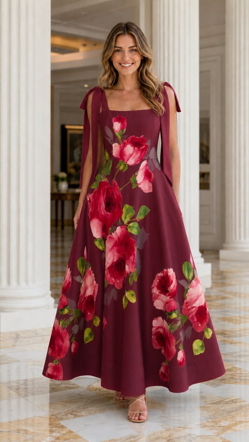Model wearing burgundy floral print tie-strap maxi dress