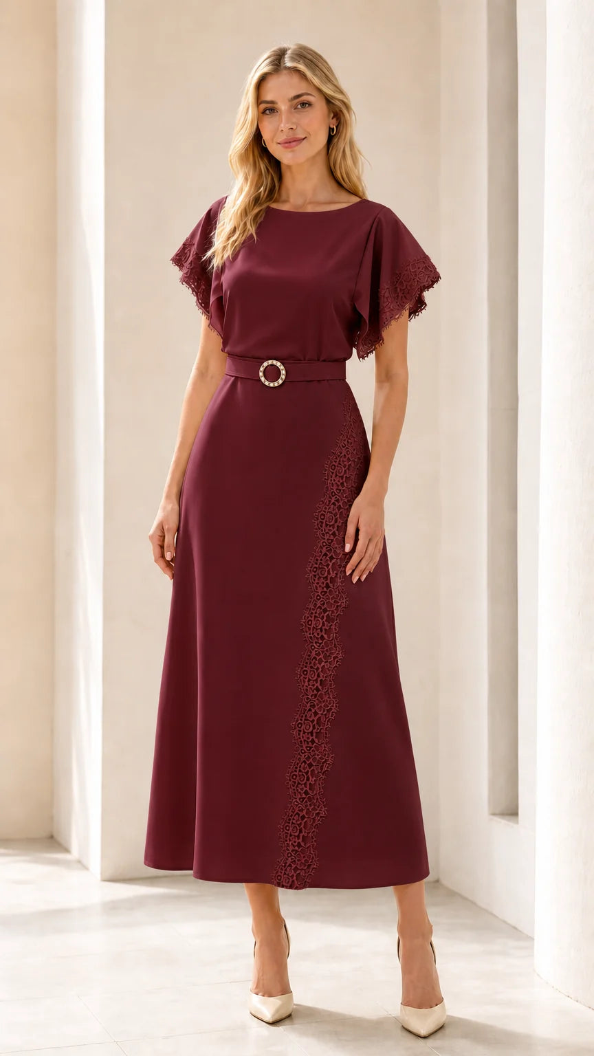 Front view of burgundy lace-trimmed midi dress