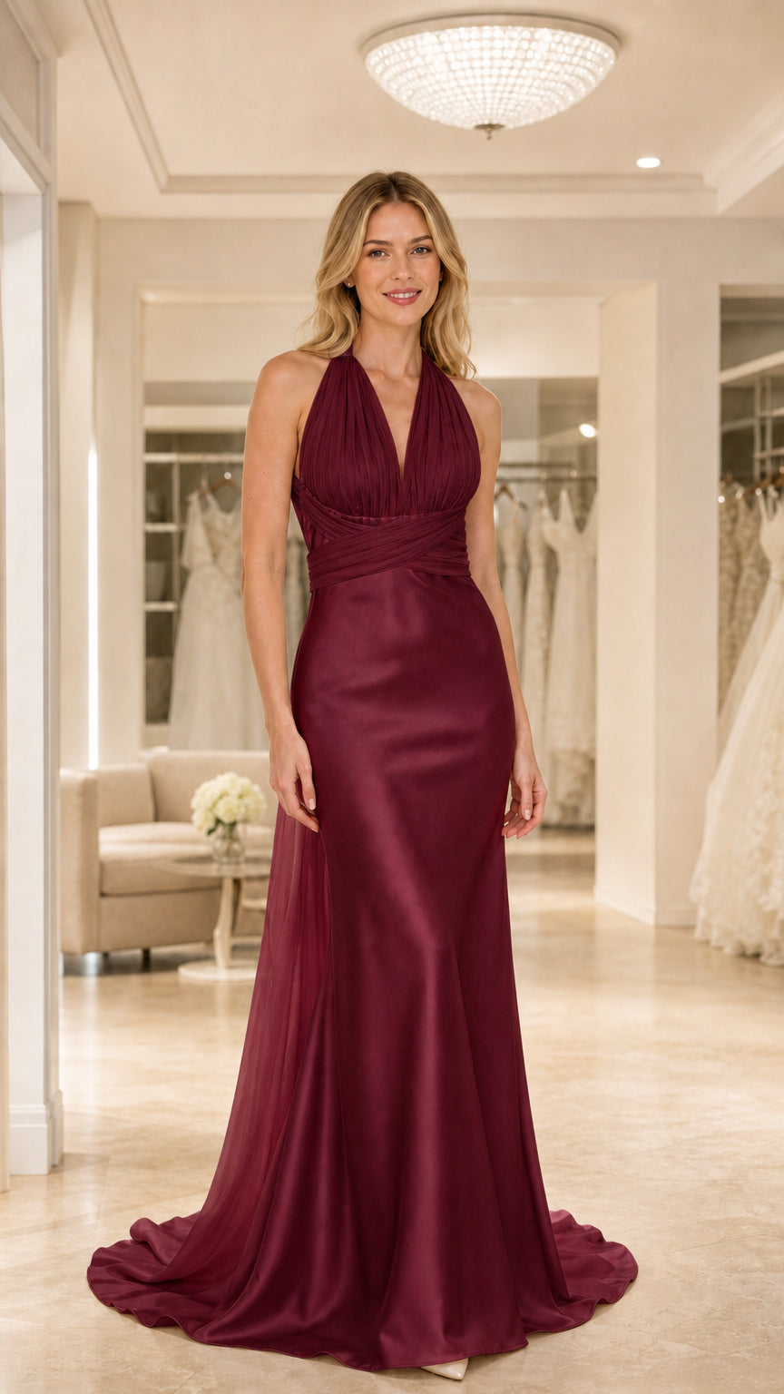 Full-length view of Burgundy red halter pleated satin maxi evening dress