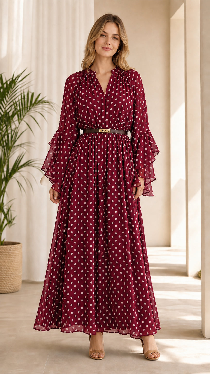 Model wearing burgundy red polka dot maxi dress with flared bell sleeves