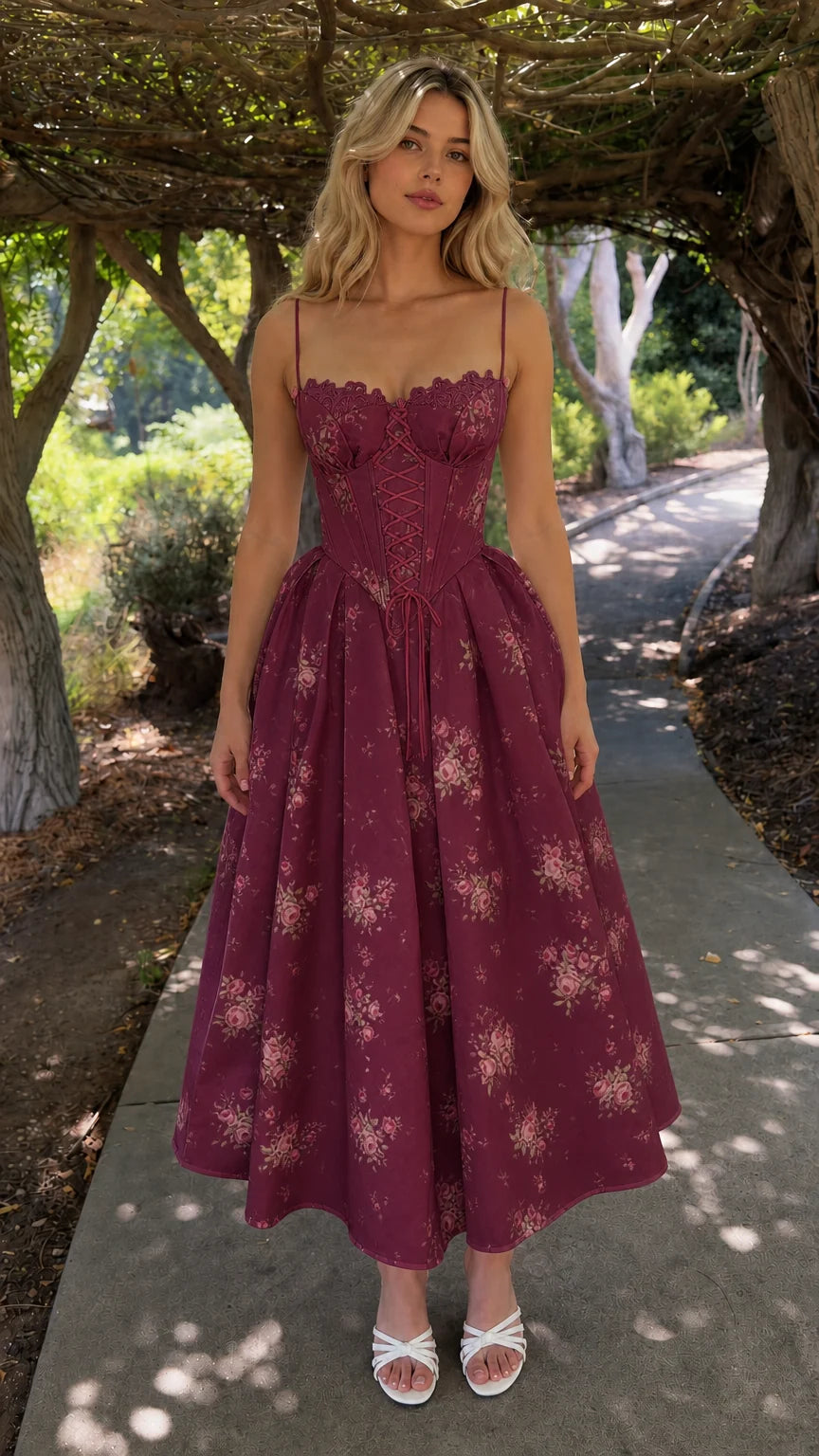 Front view of burgundy floral lace-up corset midi dress