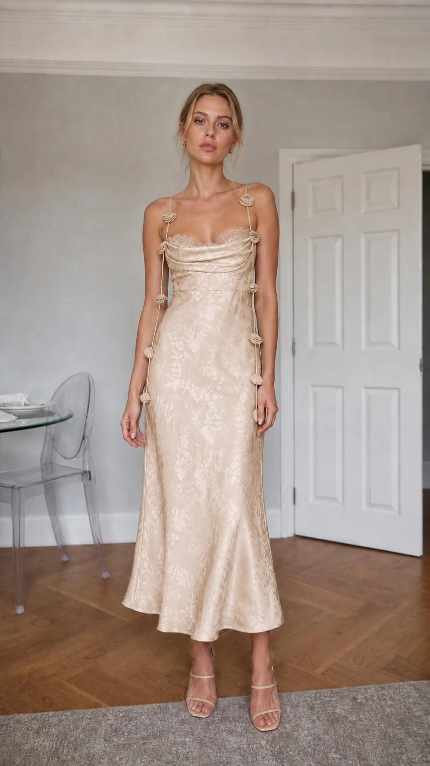 Champagne satin floral midi dress front view