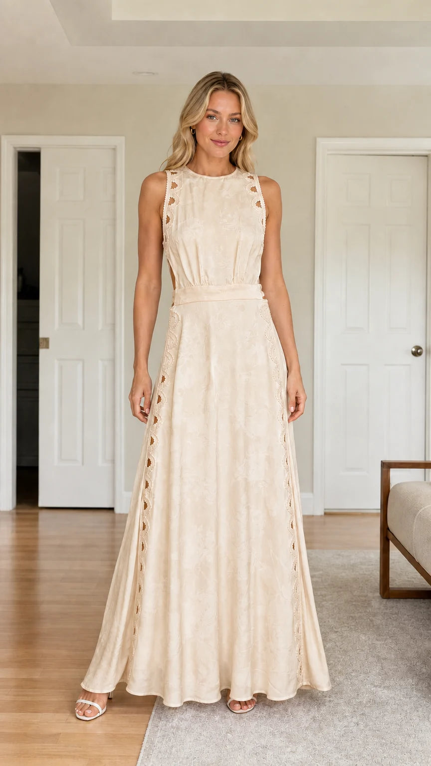 Front view of woman wearing champagne cutout maxi dress