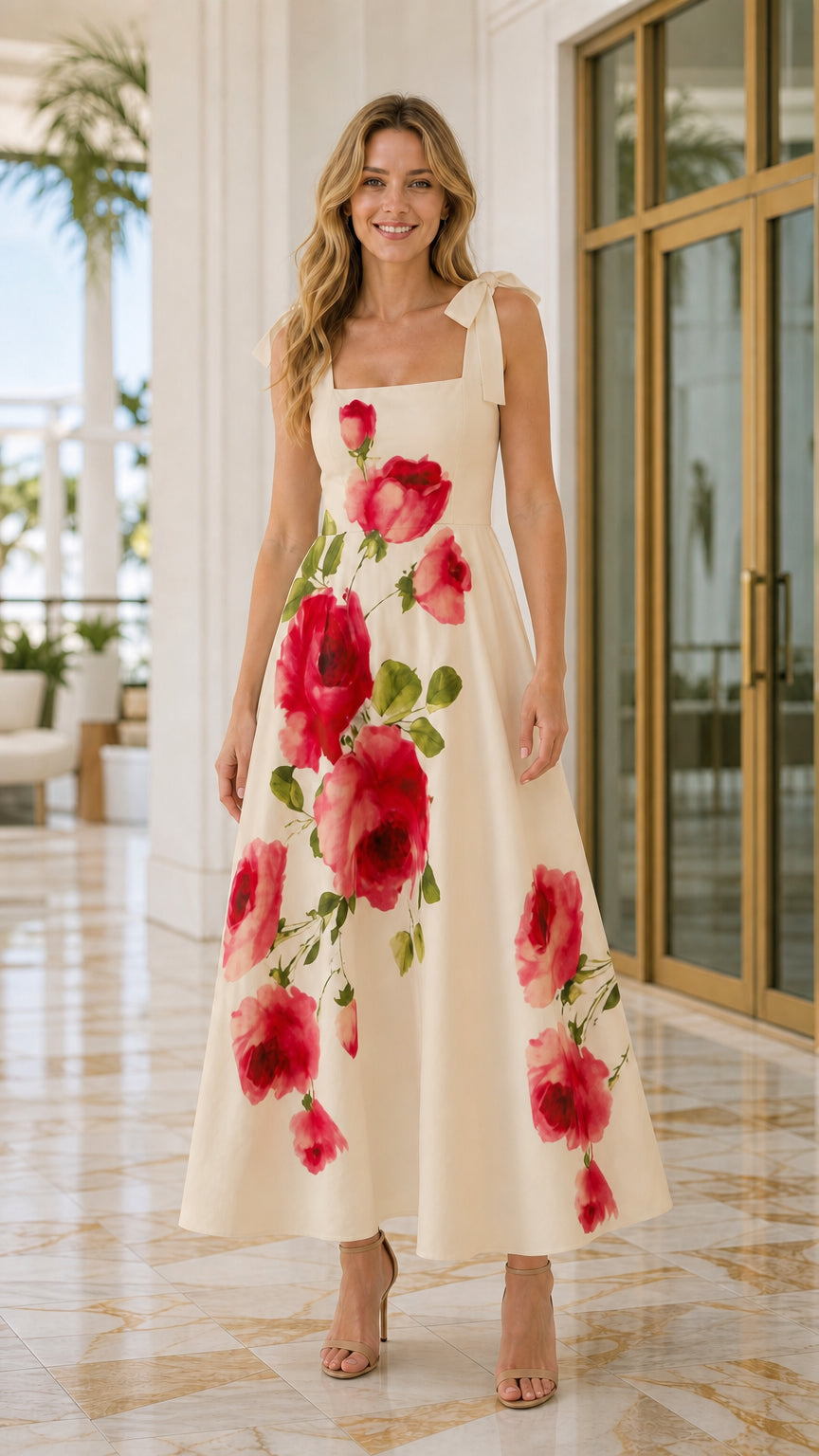 Front view of woman wearing cream floral maxi dress