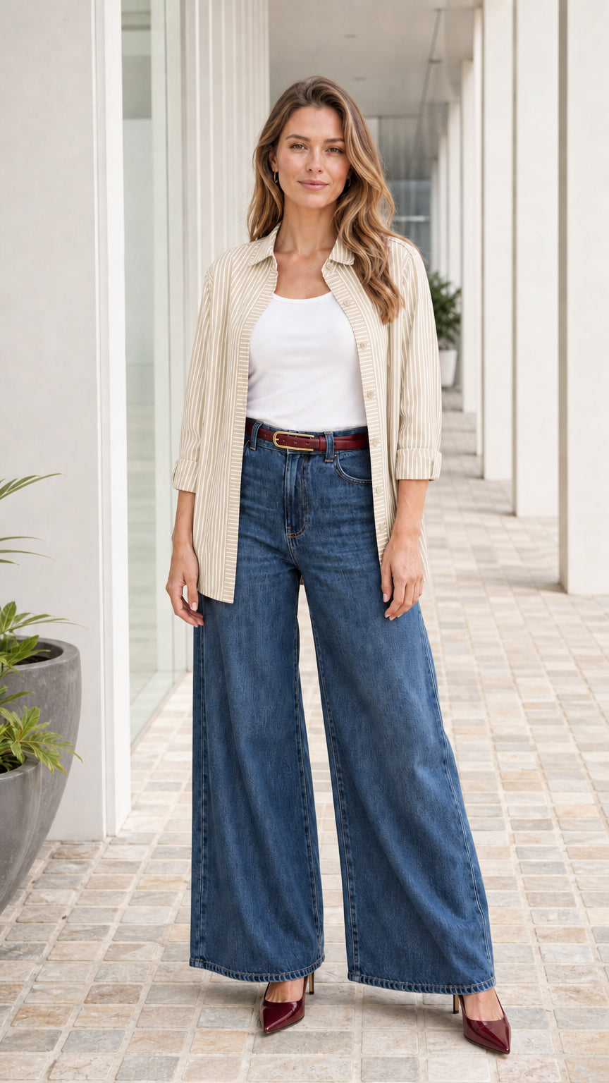 Woman wearing beige striped button down shirt