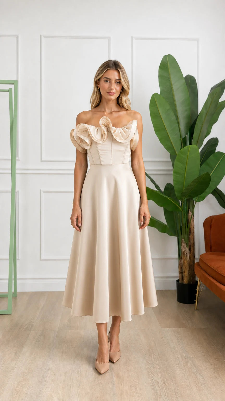 Front view of woman wearing champagne off-shoulder ruffle corset midi dress
