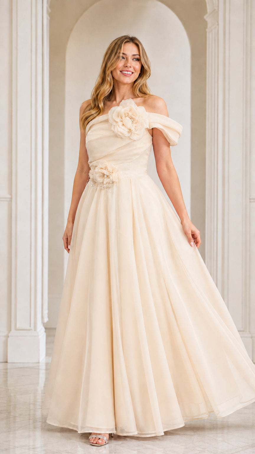 Champagne cream off-the-shoulder floral appliqué evening gown