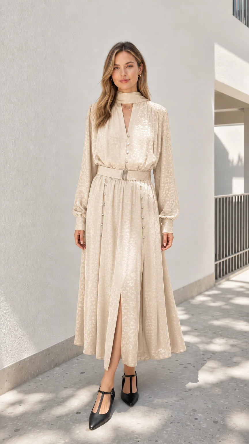 Model wearing champagne mock neck midi dress