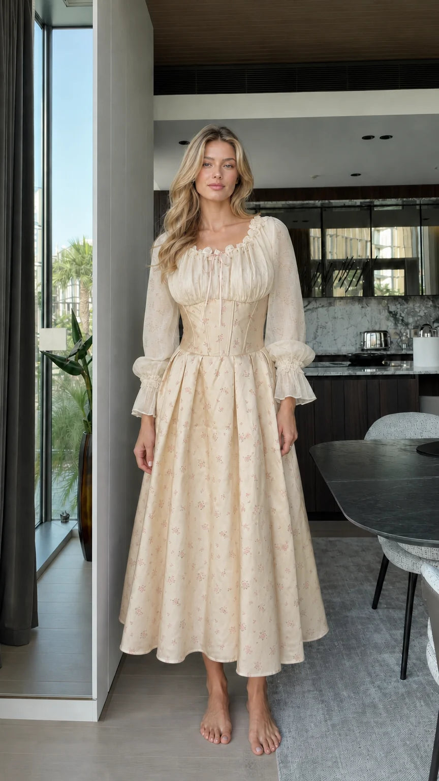 Full front view of model wearing champagne vintage corset midi dress