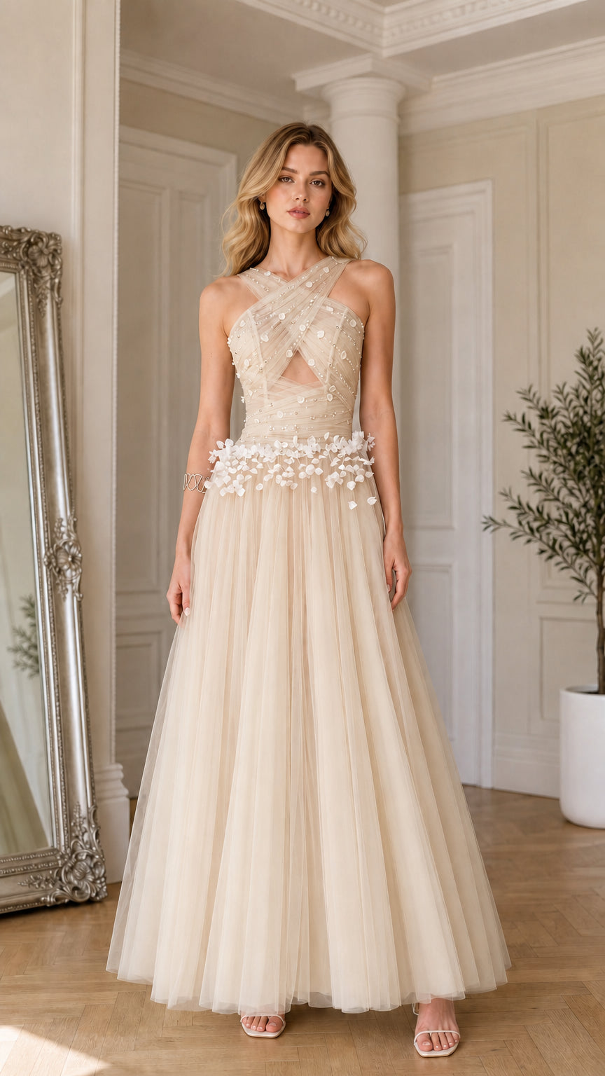 Champagne nude criss-cross halter tulle evening gown with 3D floral waist appliqués