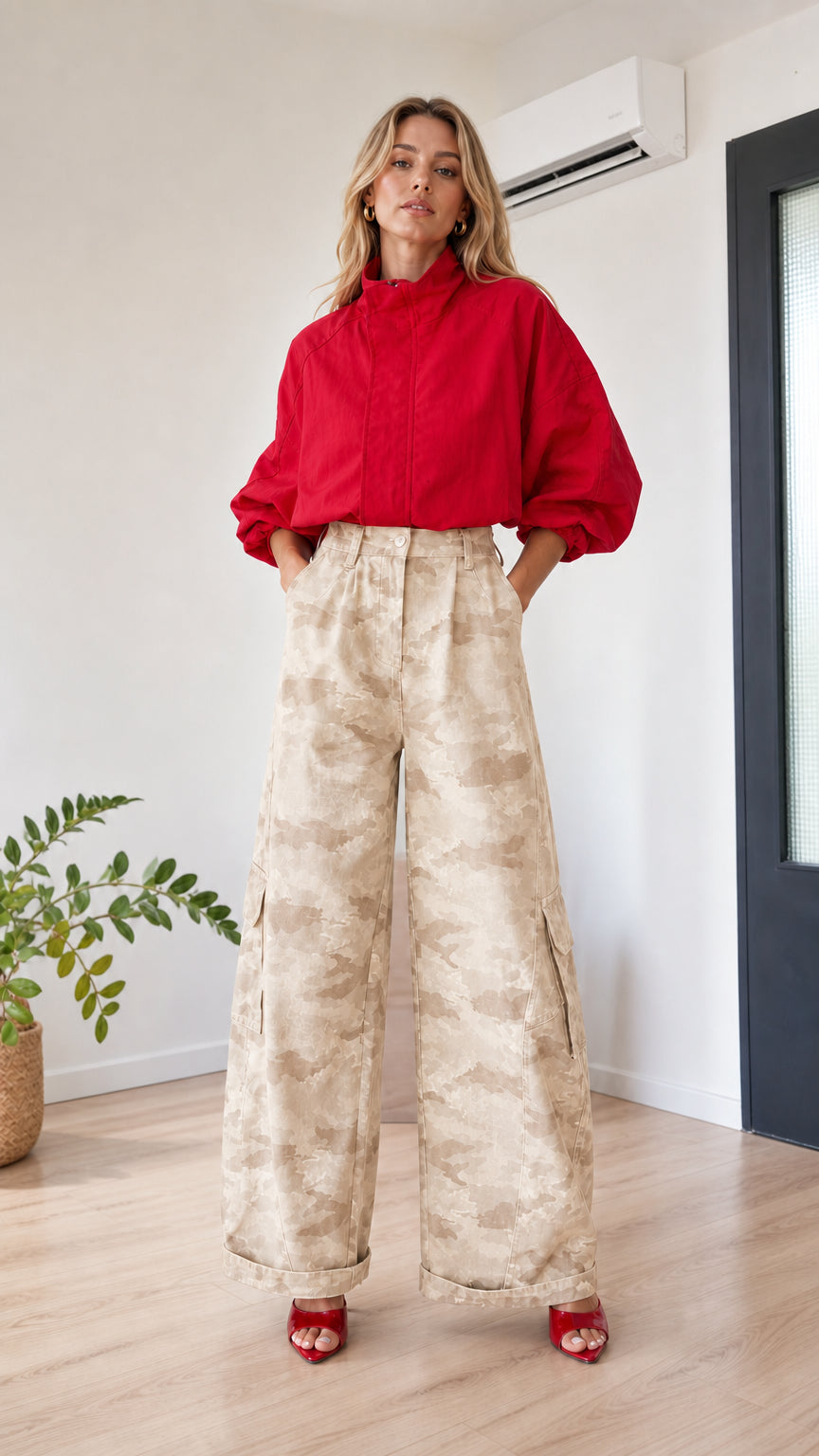 Model wearing beige khaki camo high-waisted wide-leg cargo pants with red top