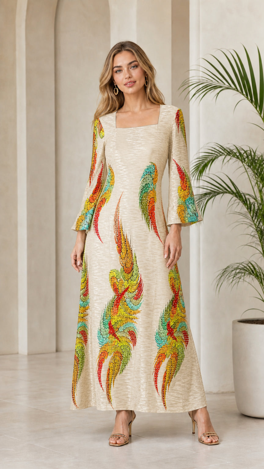 Front view of model wearing Champagne cream square neck bell sleeve maxi dress