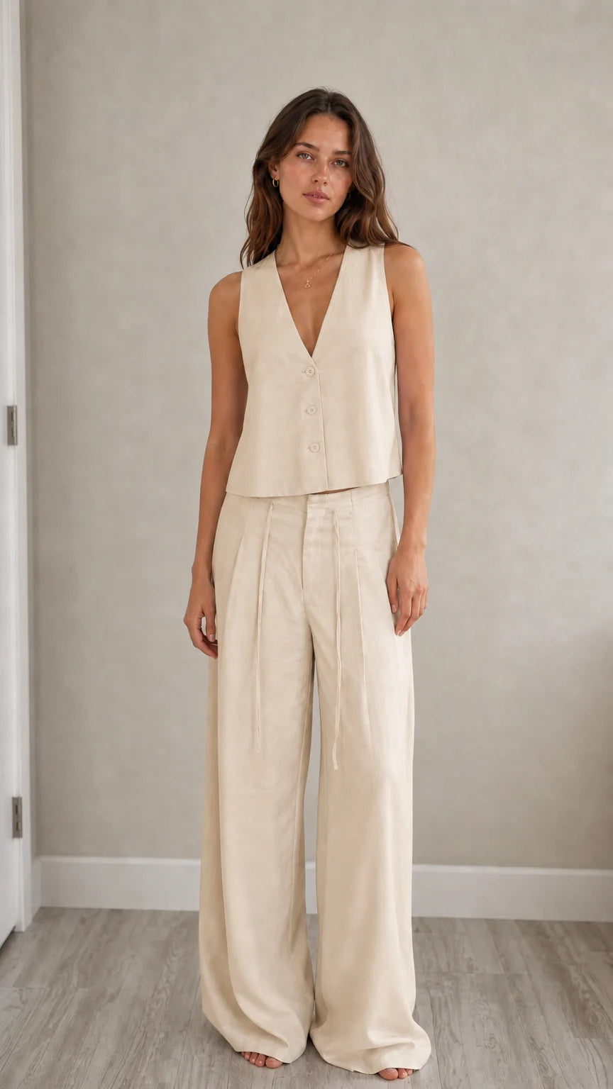 Full-length view of model in beige two-piece vest and pants set