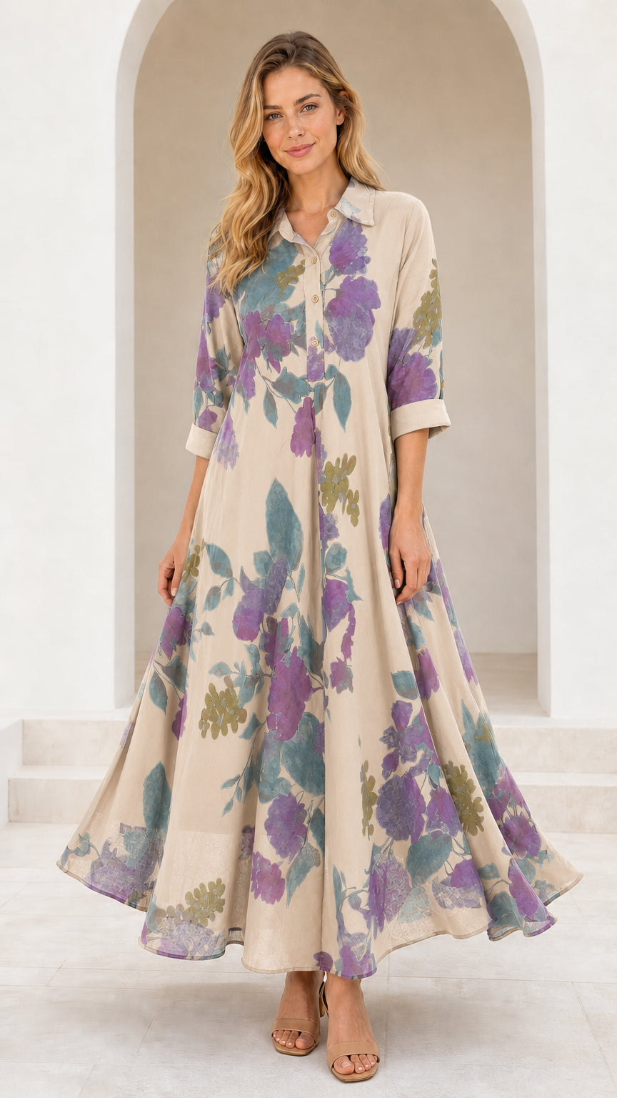Front view of model wearing Beige floral collared maxi dress