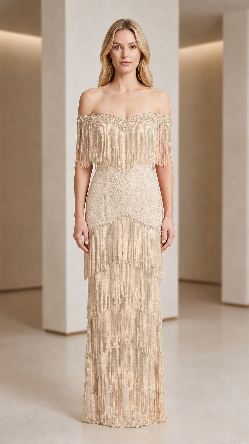 Front view of woman wearing champagne off-shoulder beaded fringe evening gown