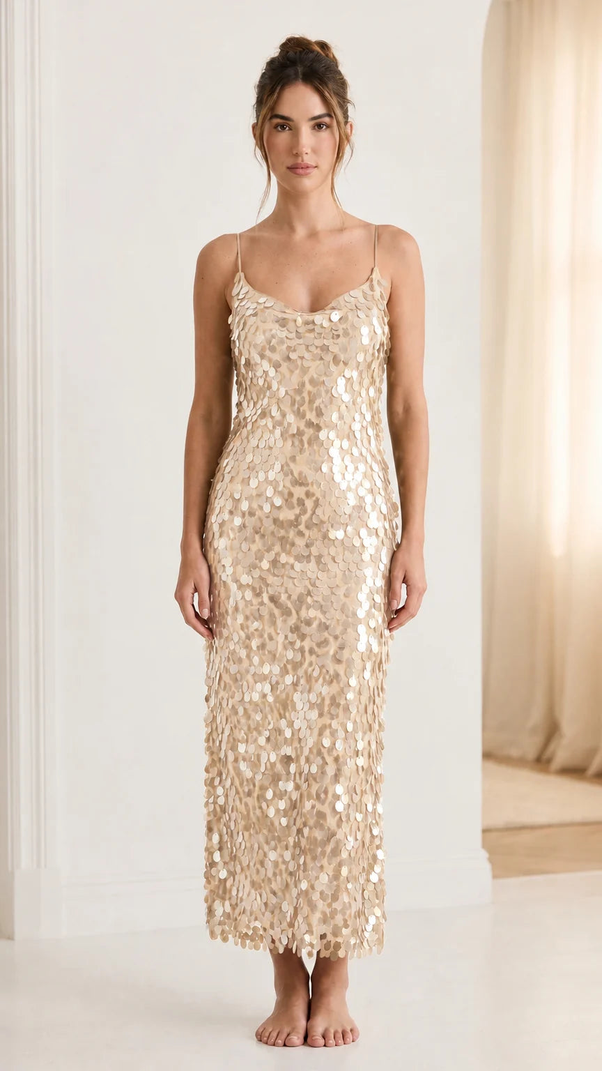 Front view of woman wearing champagne sequin midi dress