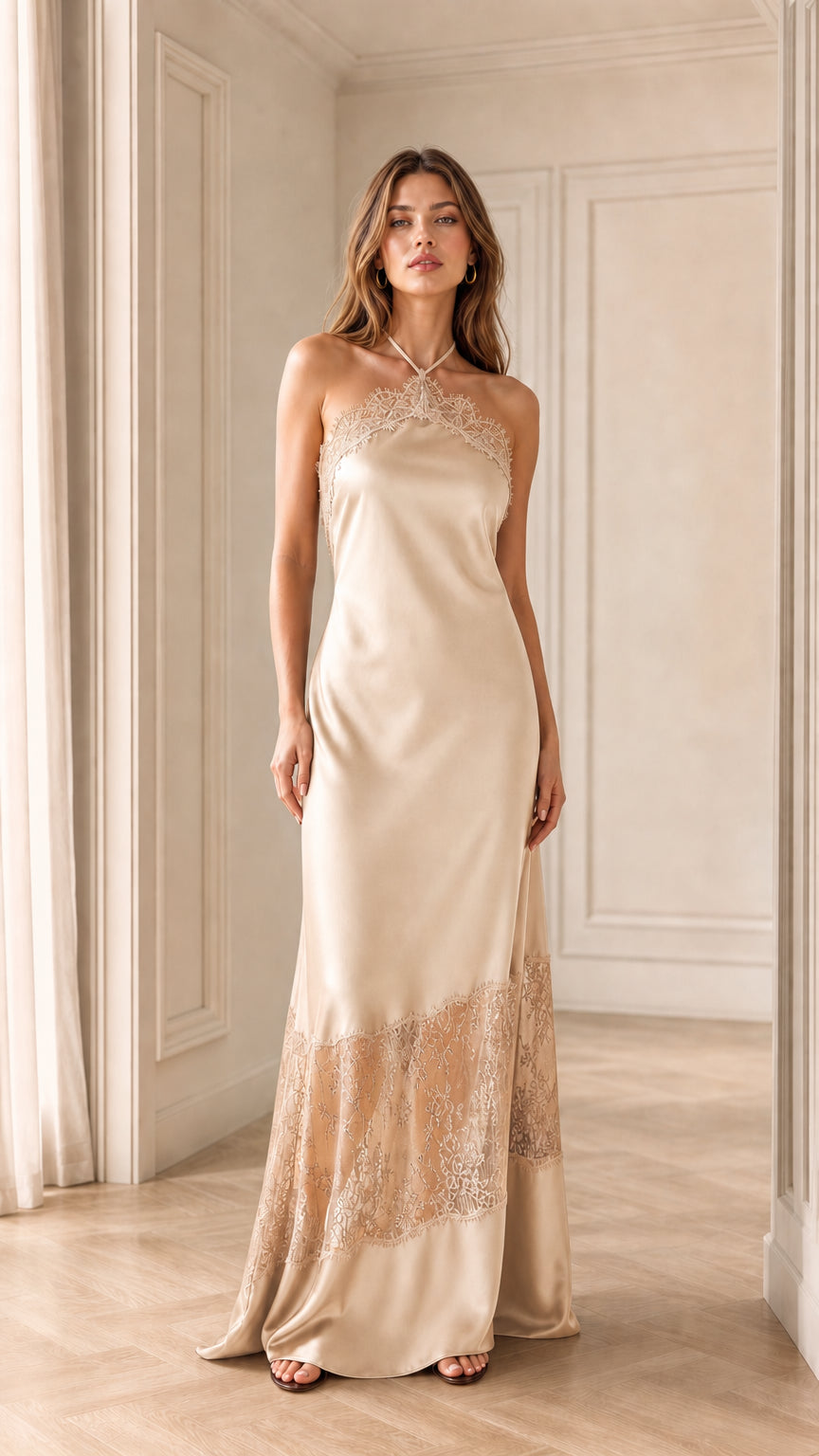 Champagne cream satin halter maxi dress with sheer lace panel