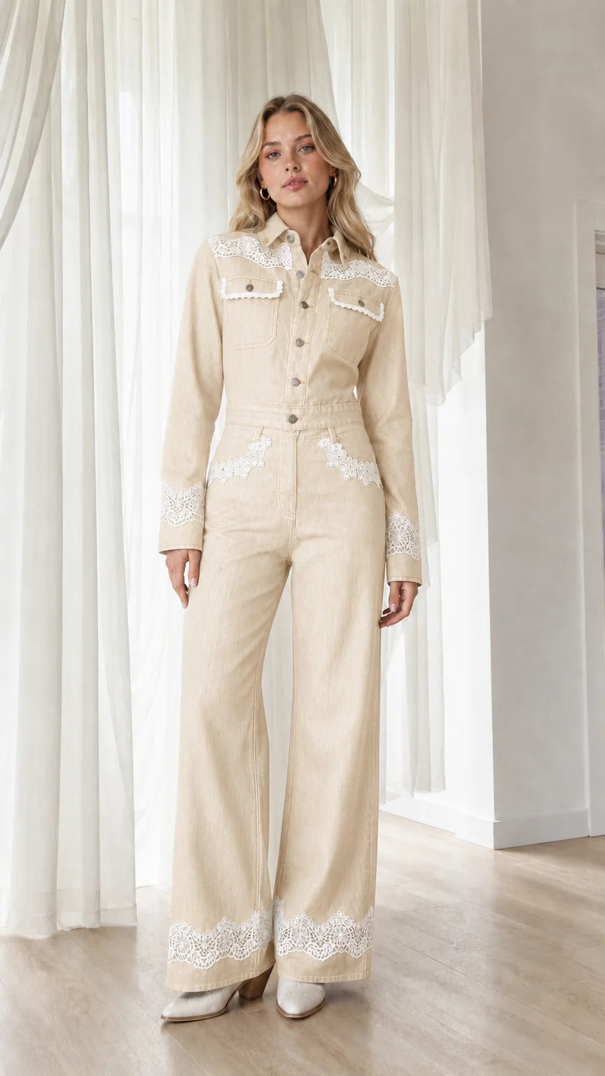 Model wearing beige western lace trim denim jumpsuit