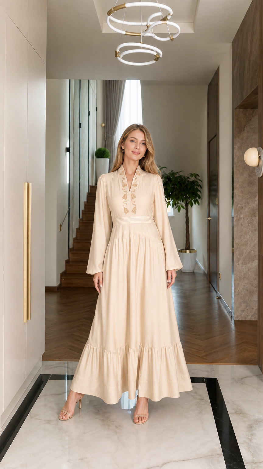 Beige cream long sleeve embroidered tiered maxi dress