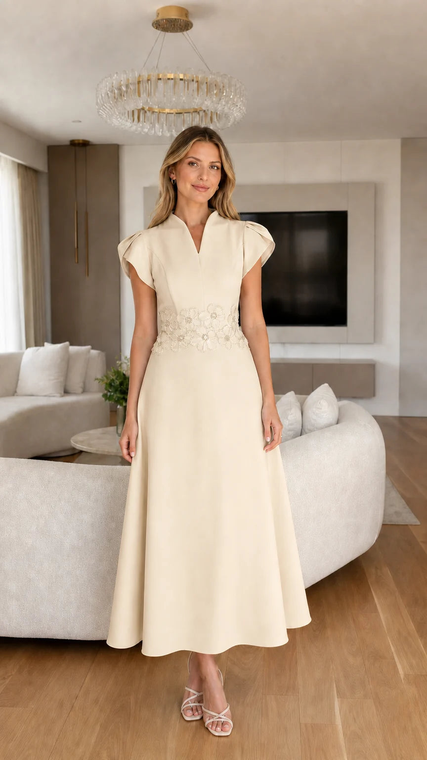 Front view of champagne stylish midi dress