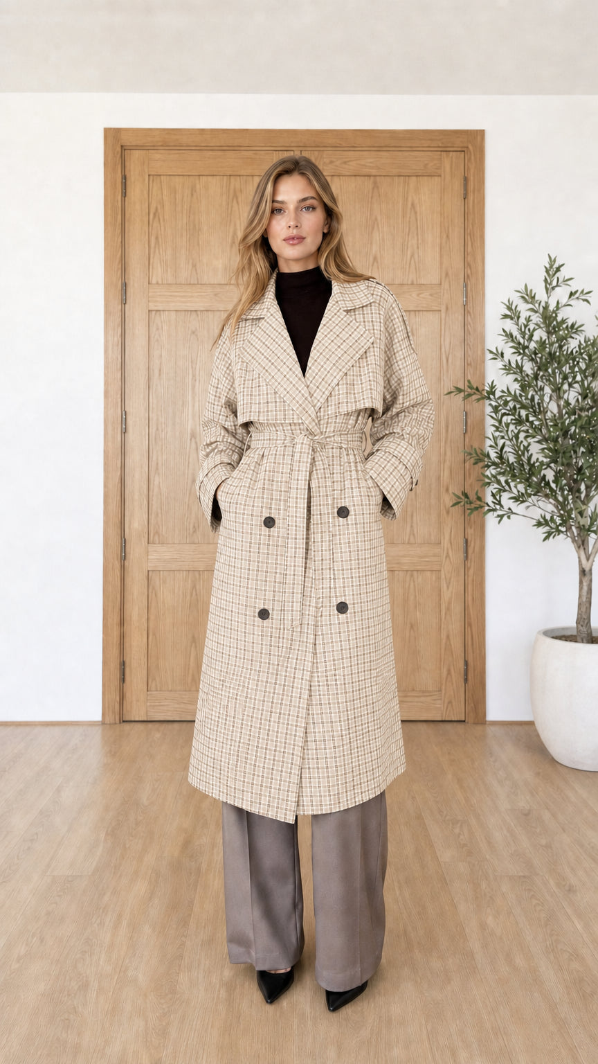Woman wearing beige plaid trench coat with classic lapels