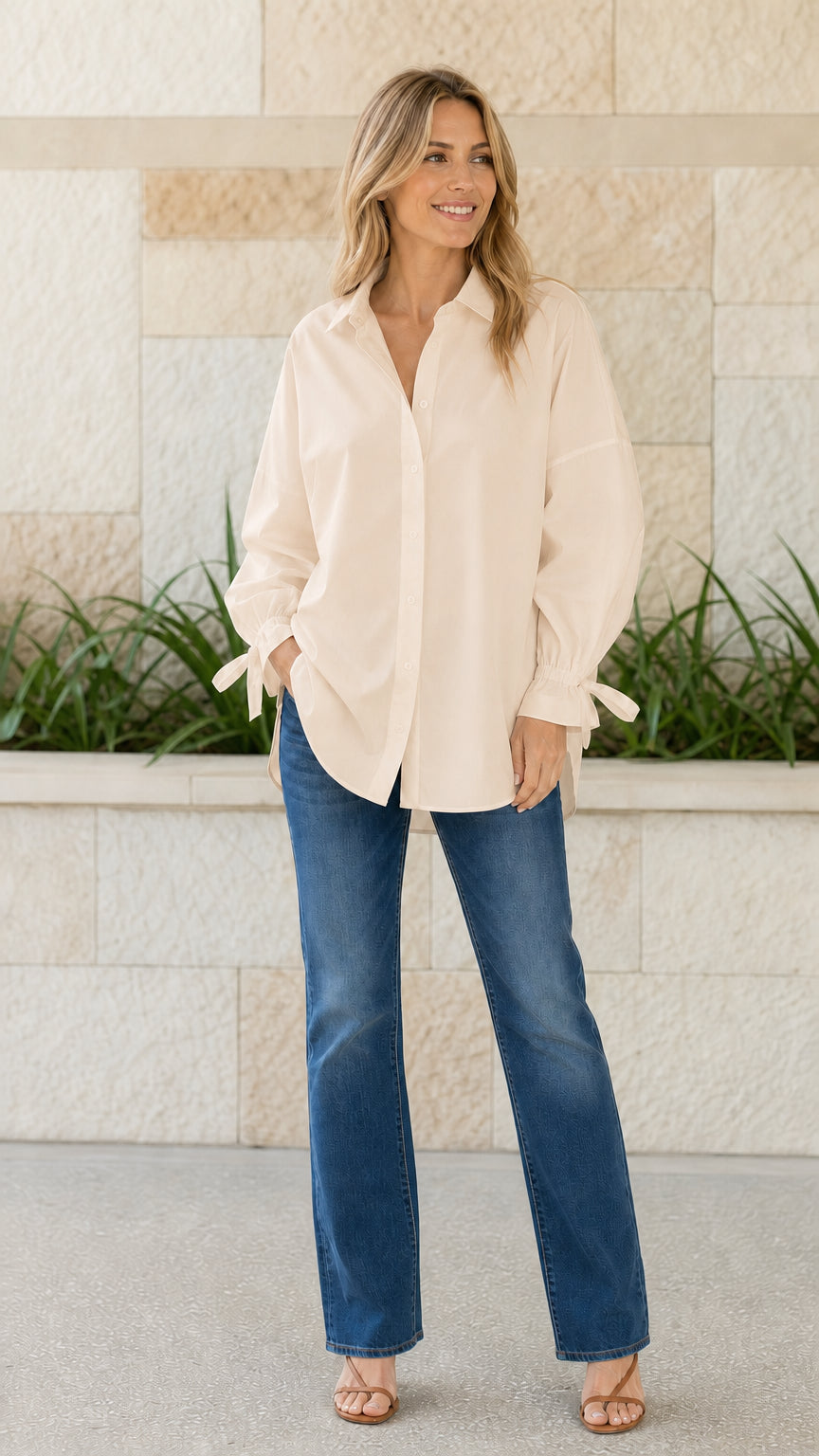 Woman wearing beige oversized button-down shirt with tie cuffs