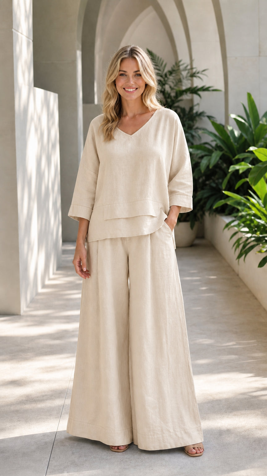 Woman wearing beige two-piece wide-leg lounge set