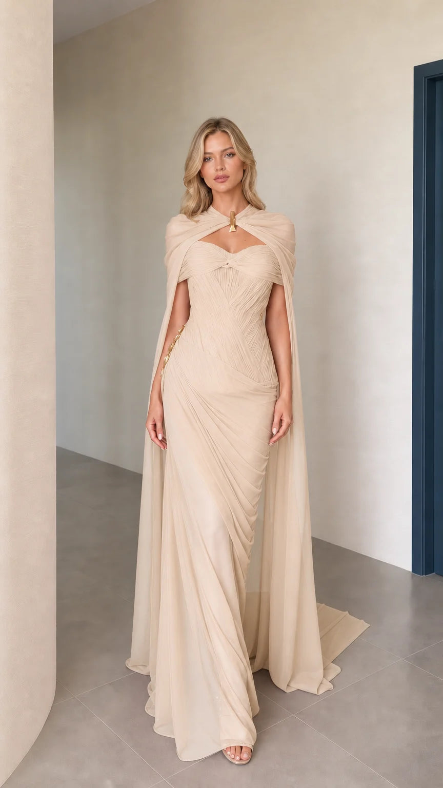 Front view of champagne cape maxi evening dress