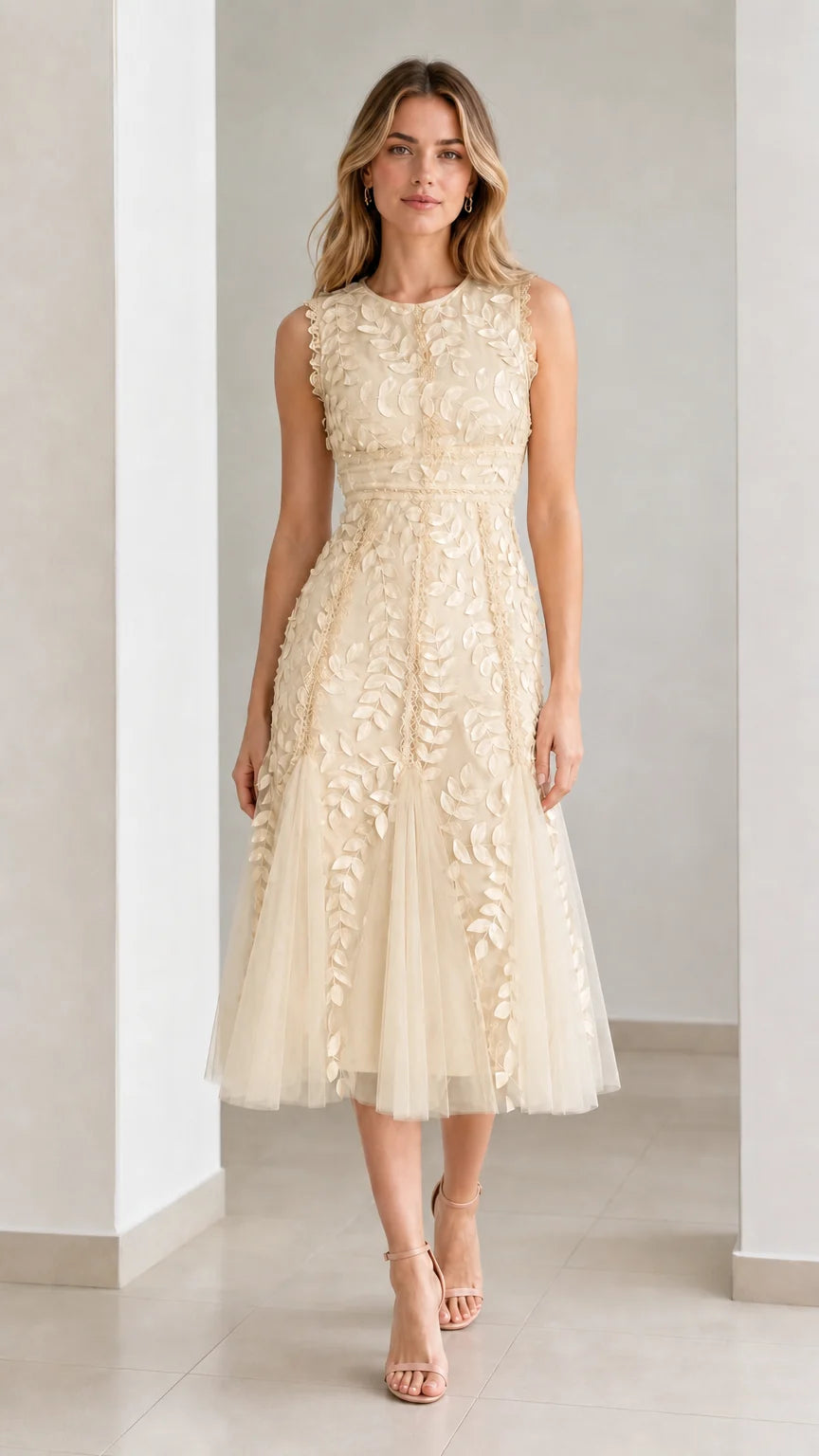 Front view of model wearing champagne embroidered leaf applique midi dress