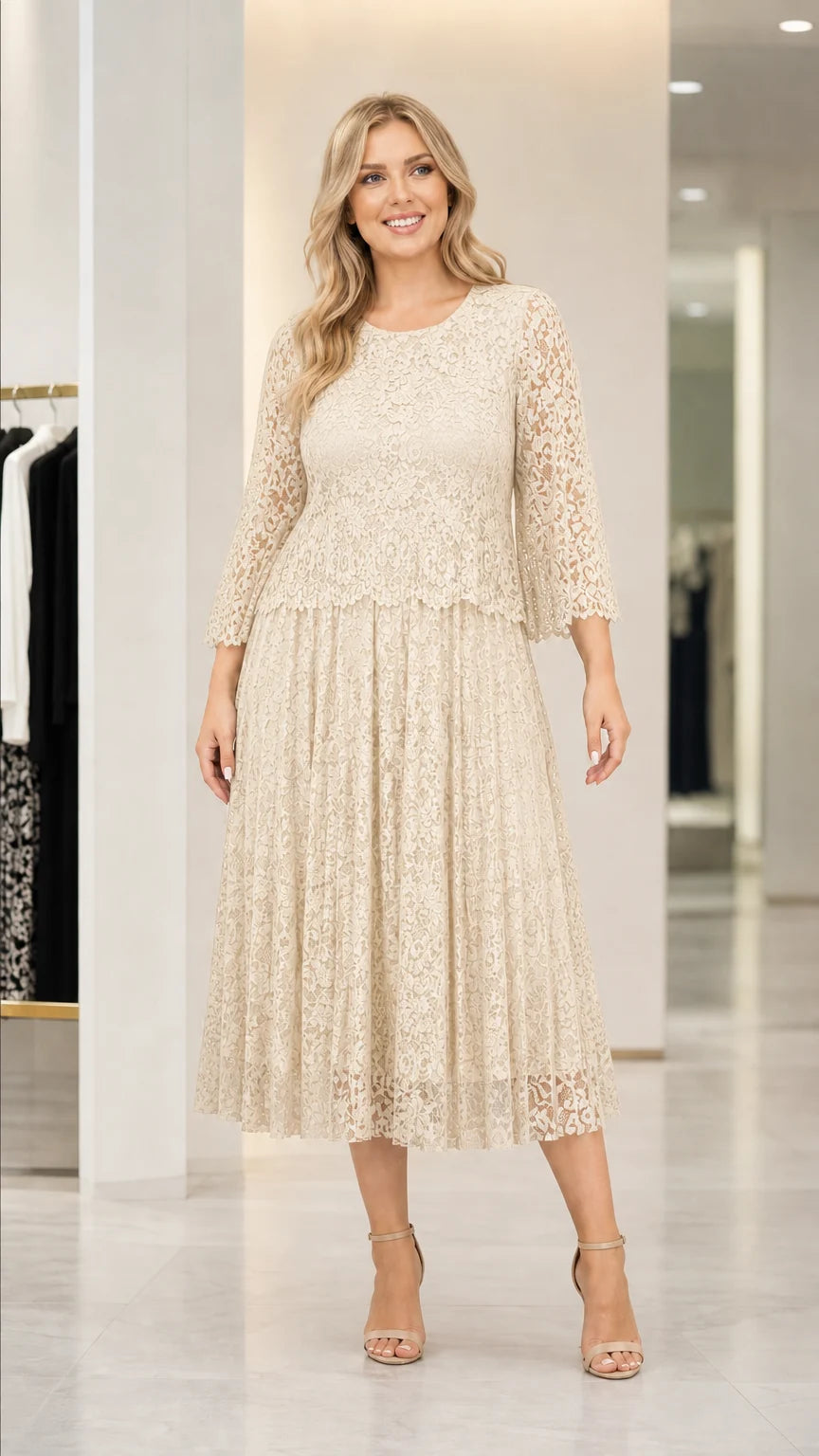 Front view of woman wearing champagne lace midi dress