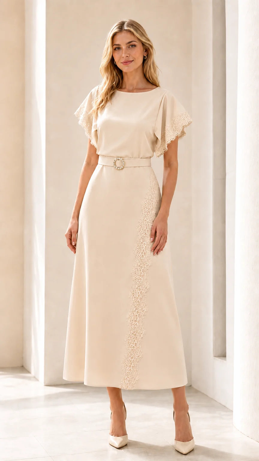 Front view of beige lace-trimmed midi dress