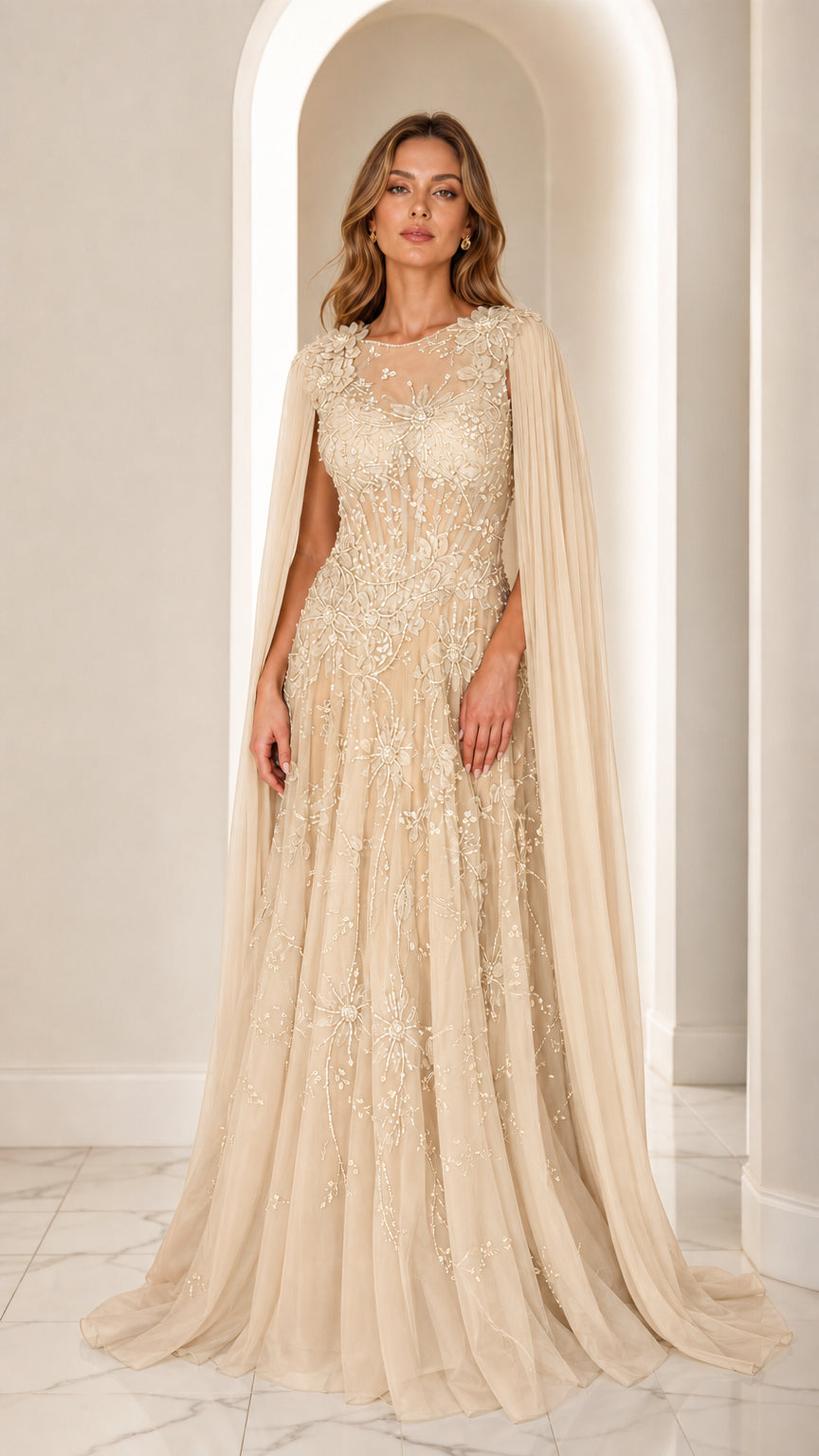 Champagne gold beaded floor-length evening dress with cape
