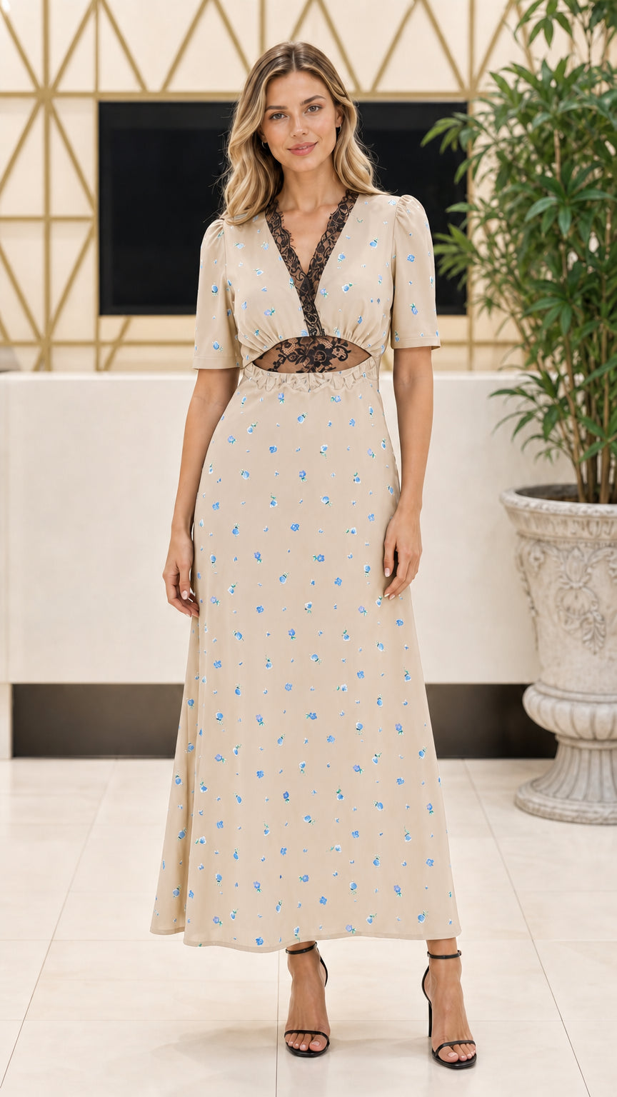 Model wearing Beige floral print maxi dress with black lace trim