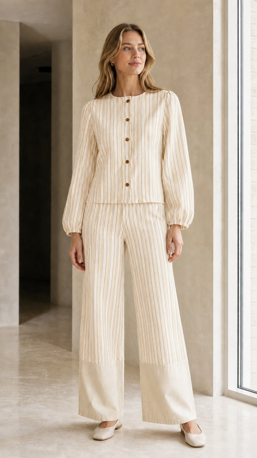 Woman wearing cream striped matching set