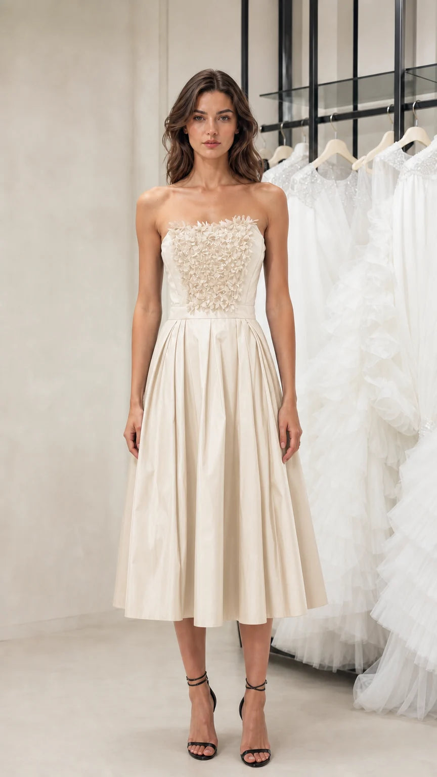 Front view of model wearing champagne strapless midi dress