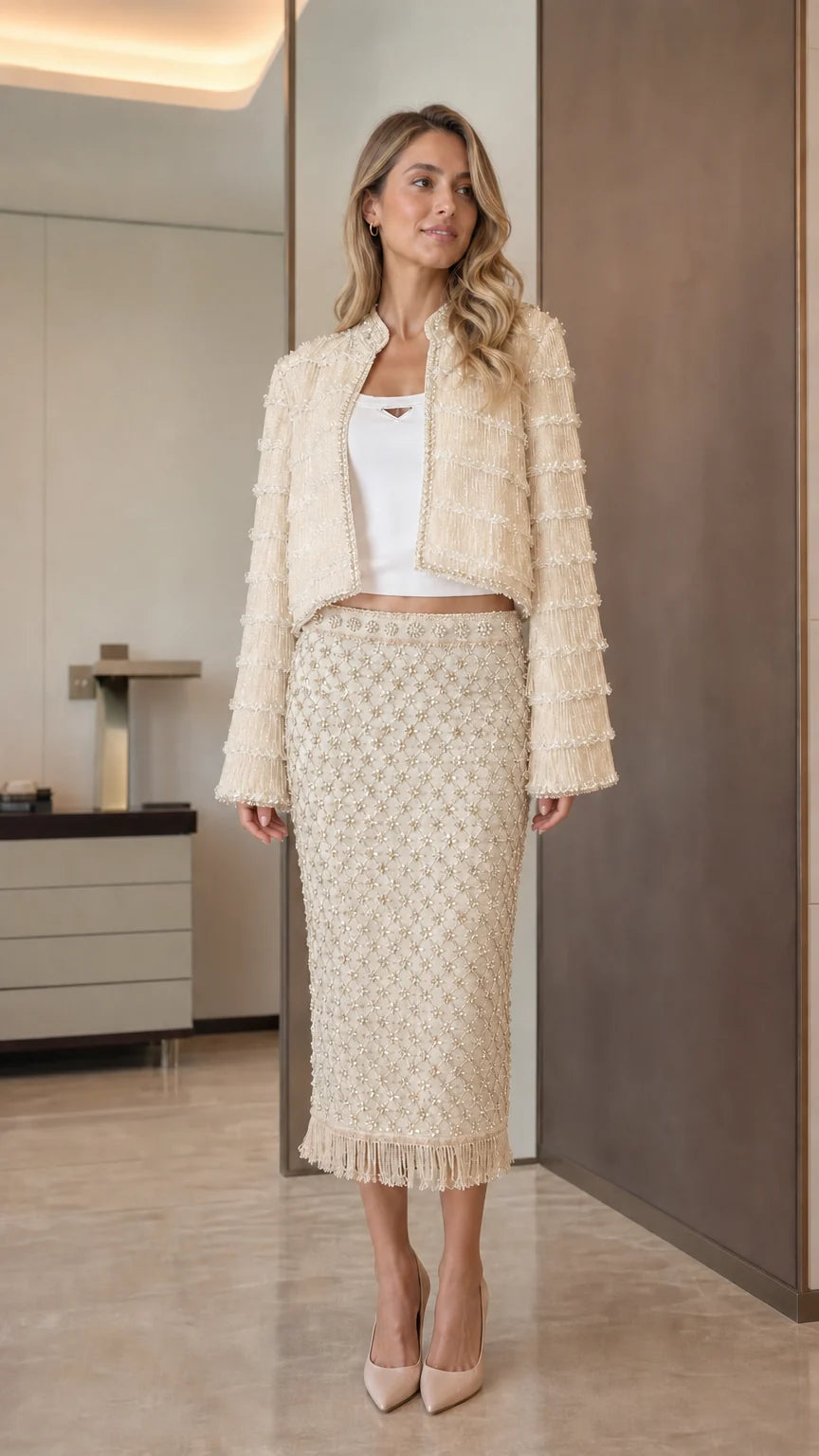 Model wearing beige tweed crop jacket and midi skirt set