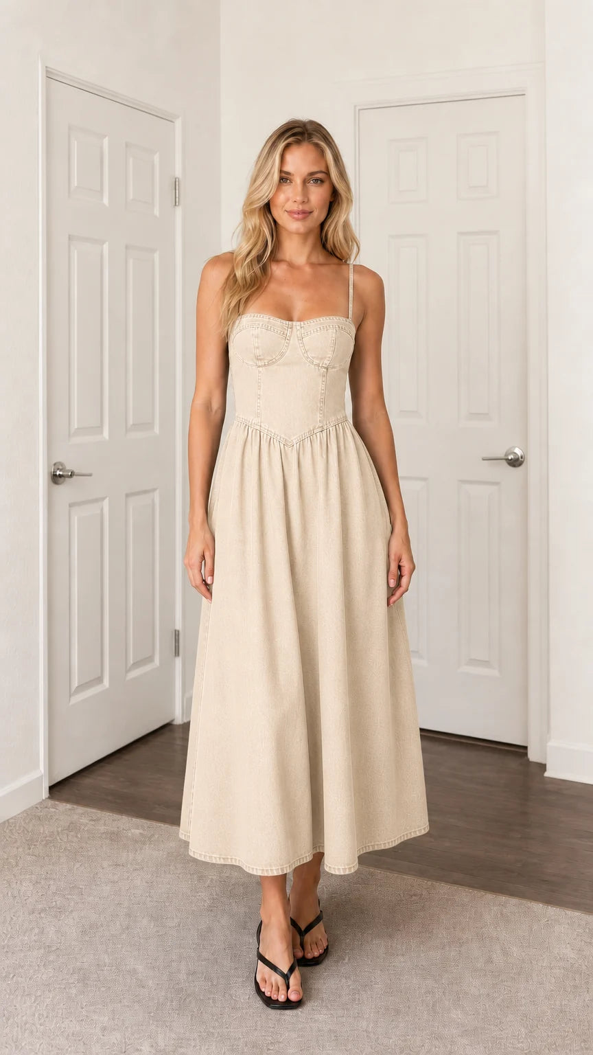 Front view of woman wearing beige denim midi dress