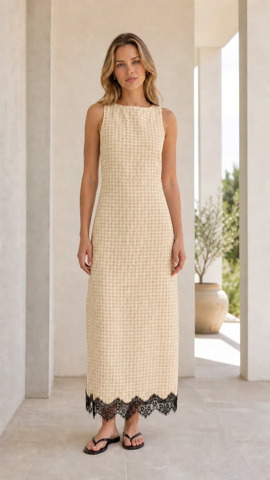 Front view of model wearing beige gingham midi dress